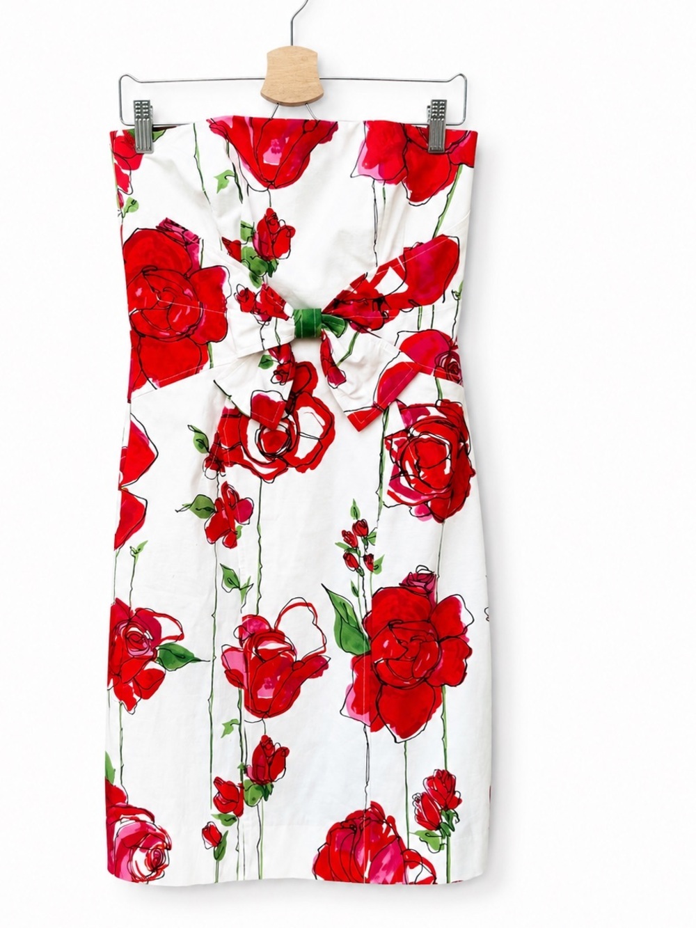 David Meister Strapless Dress Rose Floral white red fitted dress wedding guest